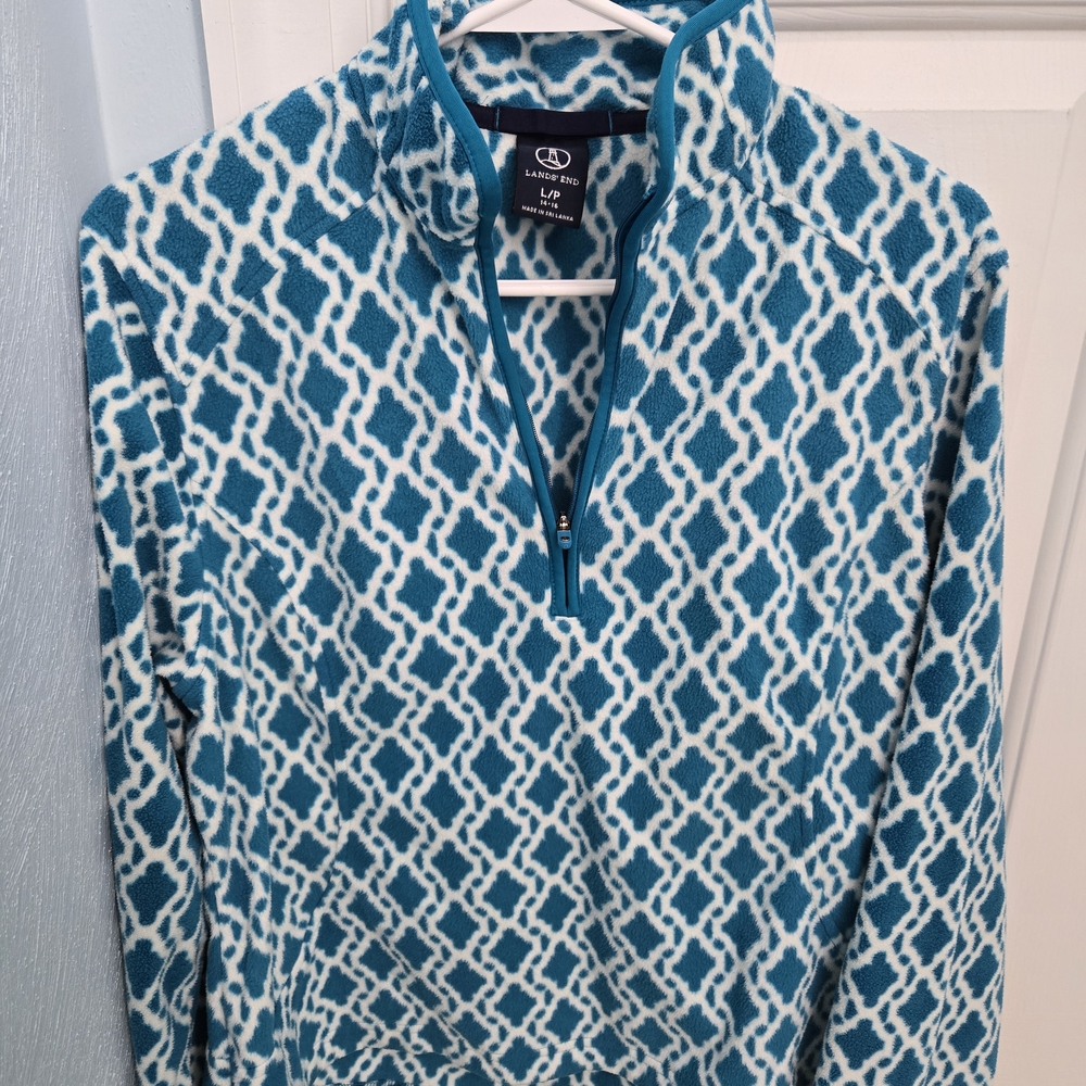 Women's Lands' End Blue and White Patterned Fleece Pullover